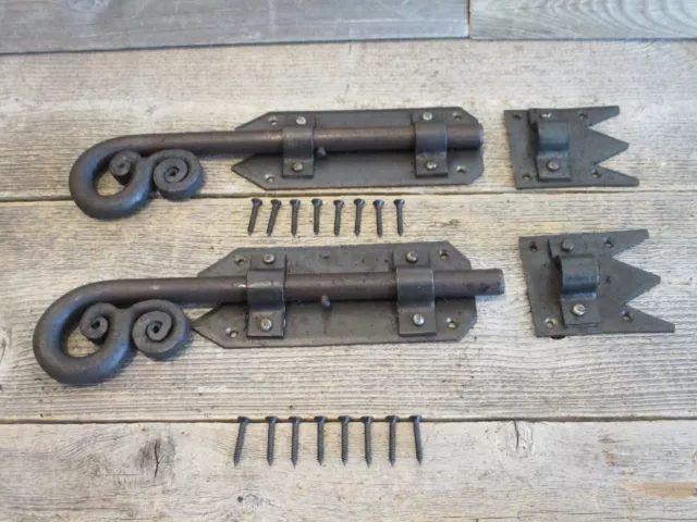2 Large Iron Latch And Bolt Sliding Door Locks Barn Cabinet Drawer Hand Forged