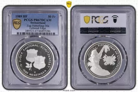 Switzerland 50 Francs 1989 Shooting Thaler Zug Menzingen PCGS PR67 DCAM silver