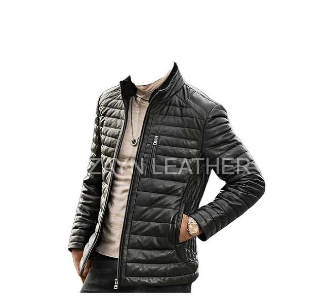 Men Puffer Quilted Leather Jacket Biker Motorcycle Genuine Lambskin Black Jacket 2