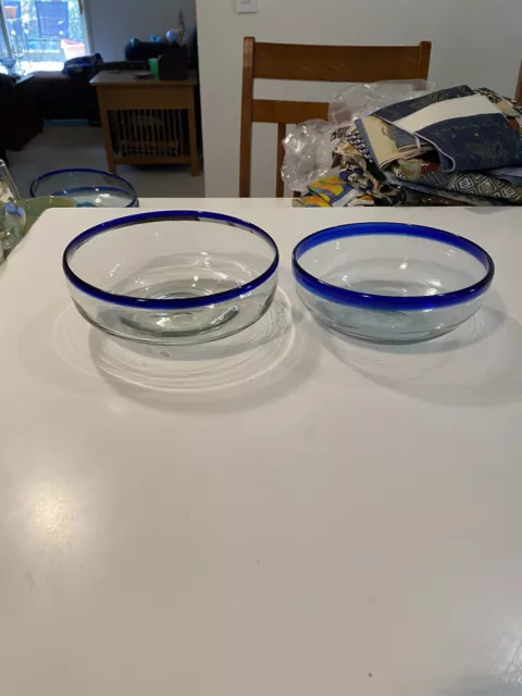 Vintage Set Of 2 Mexican Hand Blown Glass Bowls With Cobalt Blue Rims 6.75”, 7”