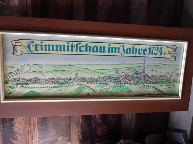 Großes gerahmtes Aquarell "CRIMMITSCHAU im Jahre 1724" gemalt um 1960, altes Org 2