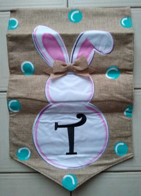 Easter Bunny Burlap Garden Flag Monogram Initial T Double Sided 12x18 OPEN PKG