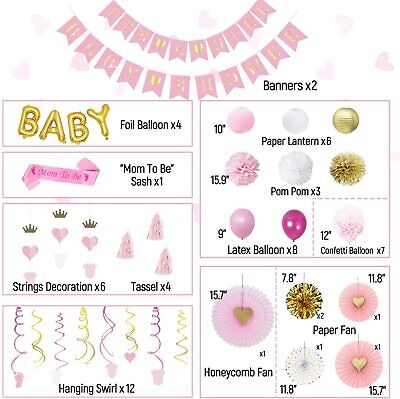 GIRL-Baby Shower Party Bundle 59pcs, striscioni, palloncini, TELAIO DEL VETRO, Lanterne, Rosa 2