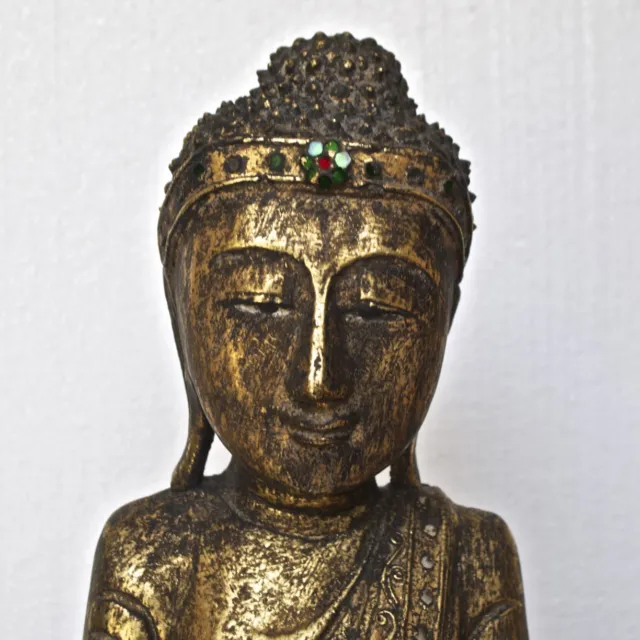 19th Century Burmese Mandalay Standing Buddha Statue Gold Gilded w/ Glass Inlaid 2