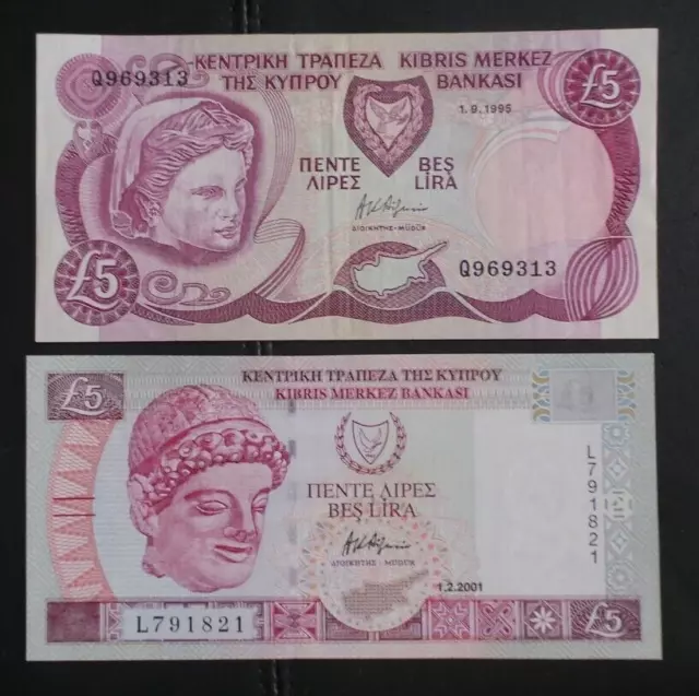 Cyprus, 2 x 5 Pounds Banknotes. (A/UNC, 1995 & UNC, 2001). Pick #'s;- 54b & 61a.