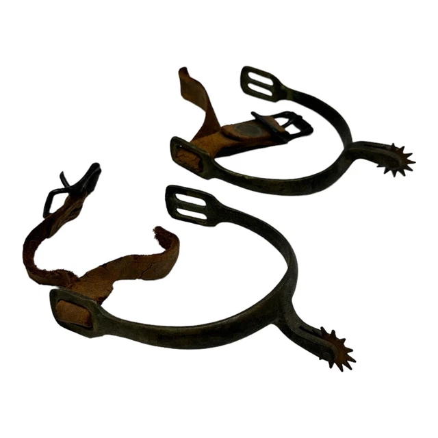 Antique Pair Of Western Cowboy Boot Spurs w/ Leather Straps