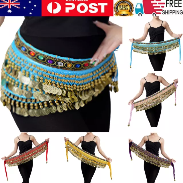 3 Rows-Coins Belt Belly-Dance Costume Velvet Skirt Dancing Hip Scarf Wrap Belt