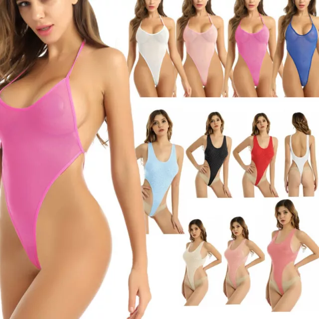 WOMENS SEE THROUGH Leotard High Cut Thong Bodysuit Sheer Swimwear Clubwear  £15.11 - PicClick UK