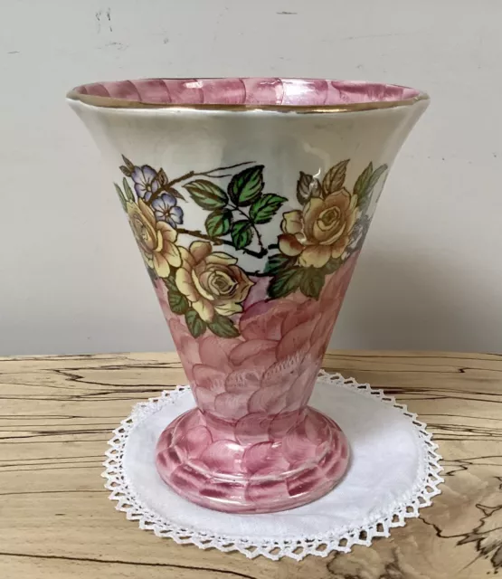 Vintage Maling Lustre Vase ‘Rosine’ Pink & Floral, 13cm High