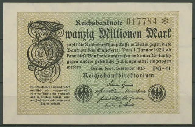 Dt. Reich 20 Mio Mark 1923, WZ Hakensterne, Ro 107 e fast kassenfrisch (K859)
