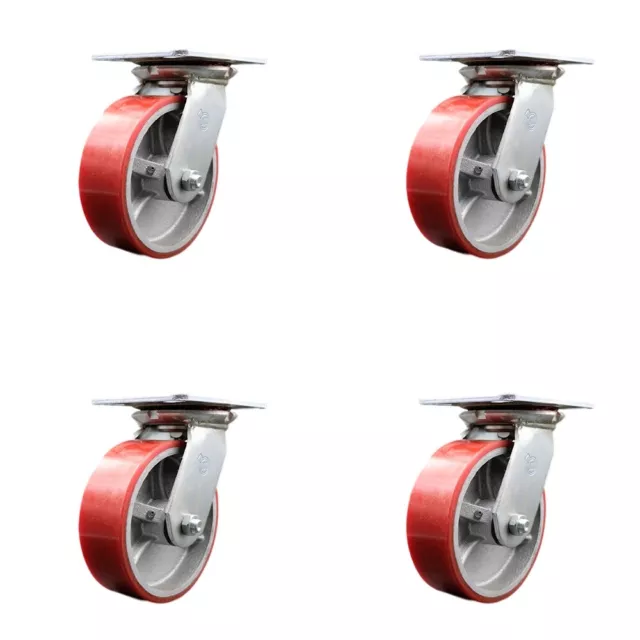 6 Inch Heavy Duty Red Poly on Cast Iron Caster Set with Ball Bearings Set of 4