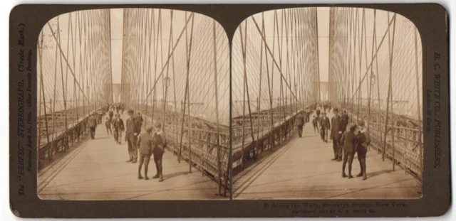 Stereo-Fotografie H.C. White Co., London, Ansicht New York, Brooklyn Bridge, Al