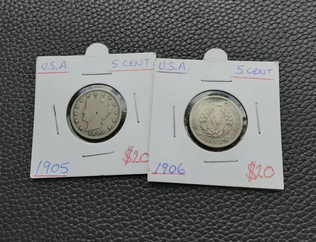 2x Five 5 cents USA Liberty Nickel 1905 & 1906