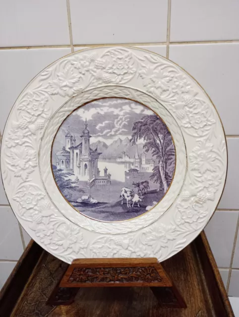 Rare And Beautiful Maling Plate. Idyllic Scenery To Centre. Carved Wooden Stand.