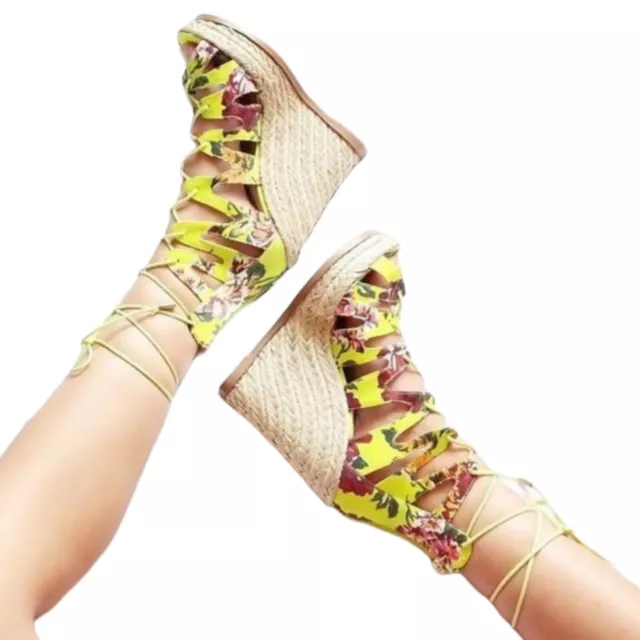 NEW Steve Madden Theea Neon Floral Espadrille Wedge Women's 9 Lace Up Ankle