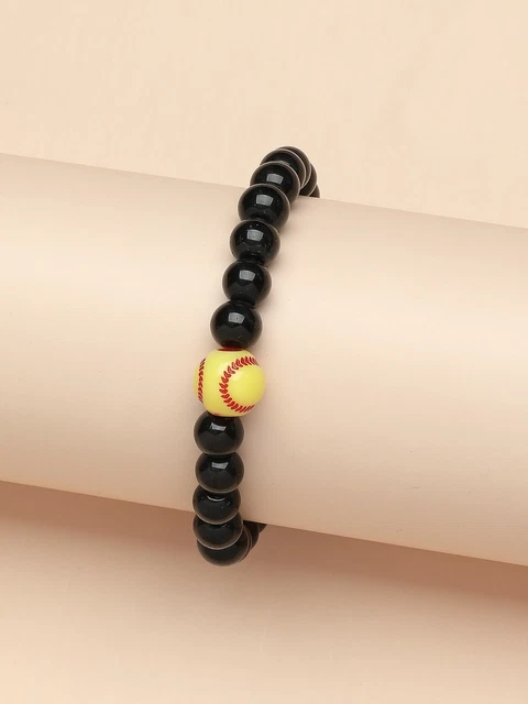 Softball Decor Black Beaded Bracelet for Women Men Stretchy Stackable Bracelets