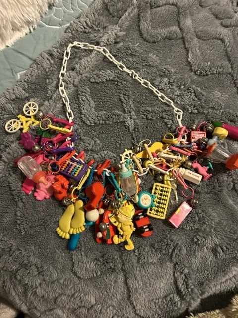 Vintage 1980s Plastic Clip On 80s Bell Charm Necklace and Mixed Charms