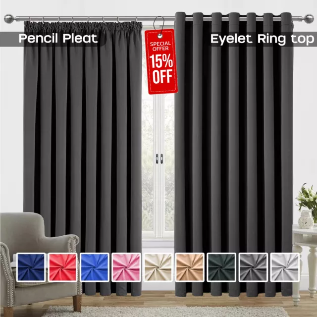 Thick Thermal Blackout Curtains Ring Top & Pencil Pleat Ready Made Pair Panel UK