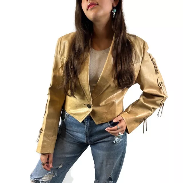 Pioneer Wear Womens Vintage Leather Western Jacket Size Medium Fringe Button Up