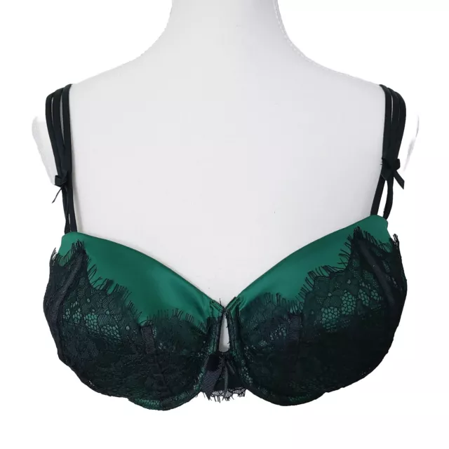 Dita Von Teese Von Follies Bra Size 12DD Underwire Black GREEN Satin Fish Net