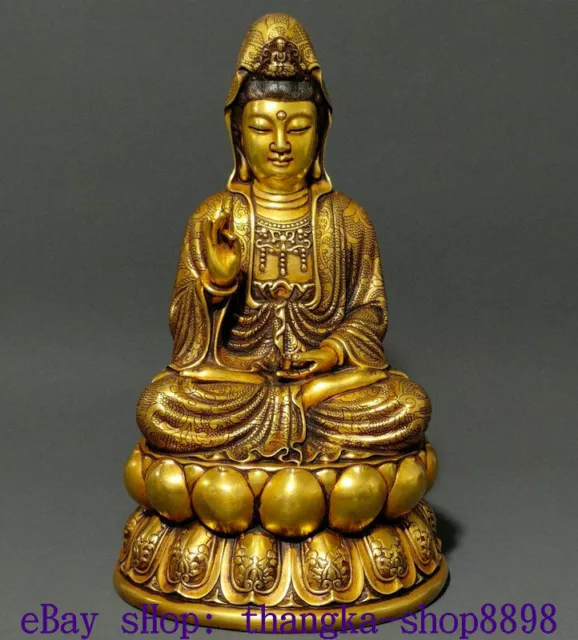 11.8" Purple Bronze 24K Gold Quan Guan Yin Kwan-yin Guanyin Goddess Lotus Statue