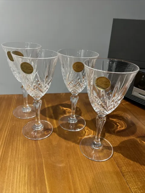 Cristal De France - 24% Lead Crystal Wine Glasses X4 Set Vintage Cut Glass