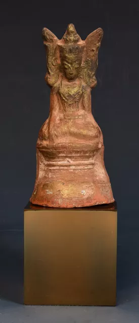 15th Century, Ava, Antique Burmese Pottery Seated Crowned Buddha with Stand