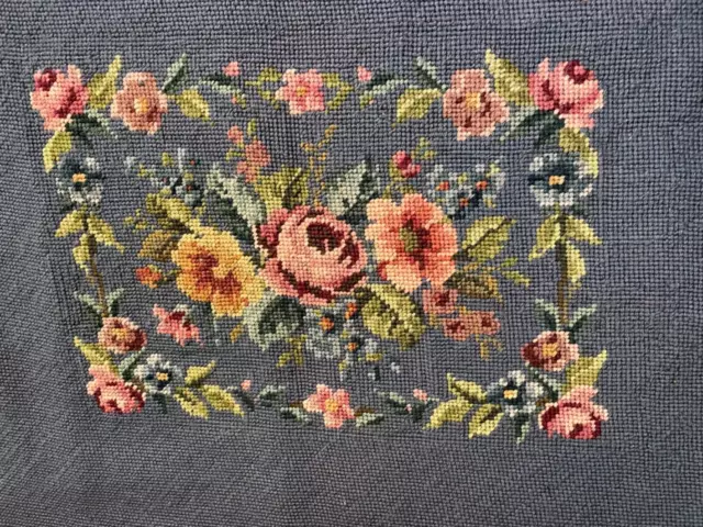 VTG Needlepoint Completed Blue Bkgd Floral Bouquet 24 X 17.5 Hand Stitched