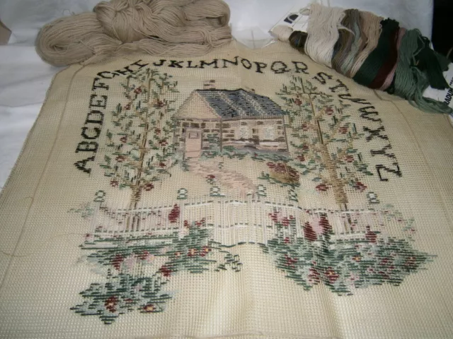 Vintage Trammed Tapestry Kit With Wools To Embroider - Alphabet & Cottage Garden