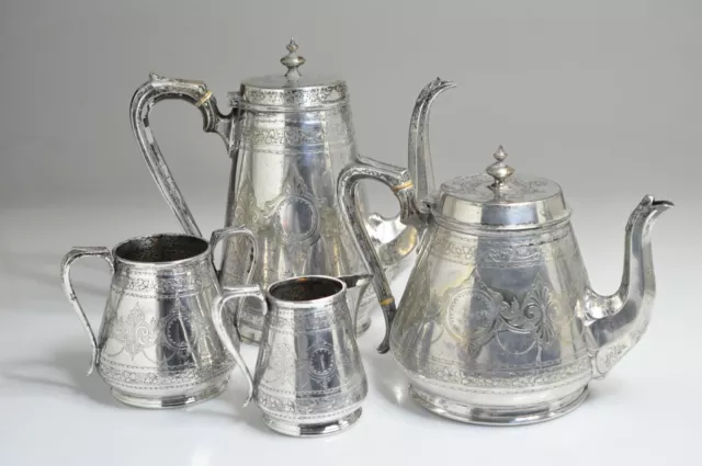 Antique English 1800's Taunton Johnson Silverplate 4 Piece Tea Set-Beautiful-VGC