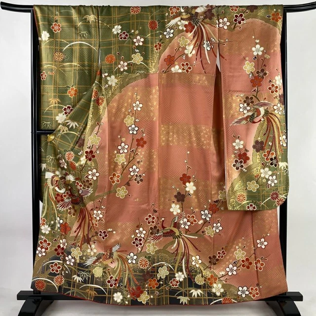 JAPANESE KIMONO FURISODE LONG SLEEVES LADIES WOVEN SILK 100% GOLD COLOR 160cm