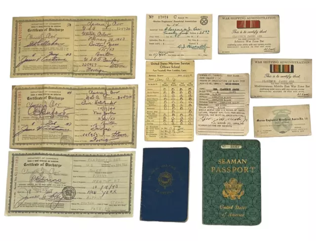 Lot of WW2 Soldier Docs SEAMAN PASSPORT UNION BOOK DISCHARGE Clarence J. Orr