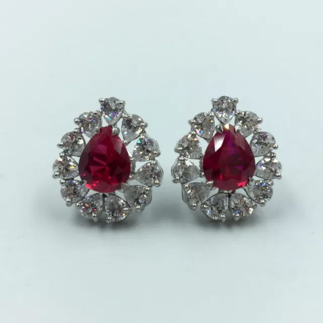 Sparkle Pink Pear Shape Ruby & White Pear Shape CZ Halo Floral Design Earrings