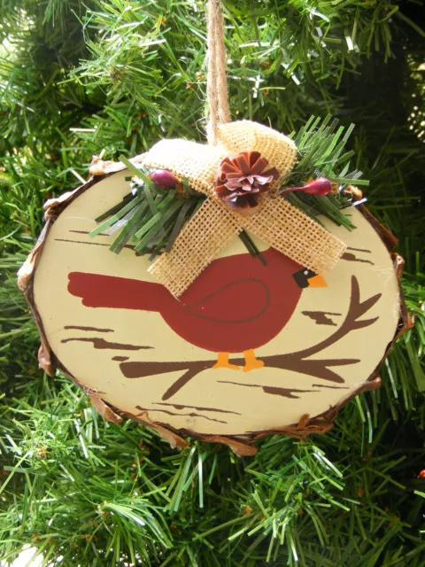 Wood Cardinal Plaque Pine Branch & Pine Cone & Holly Berries Christmas Ornament