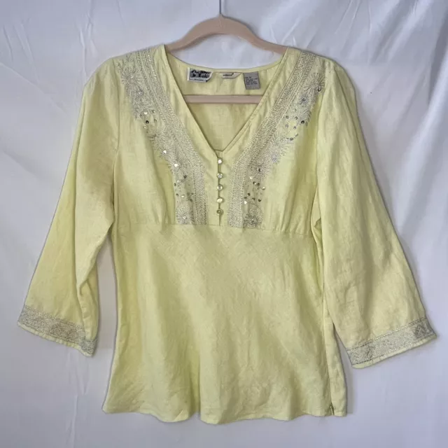 Edward 100% Irish Linen M Lime Green Embroidered Sequin V-Neck Tunic Top