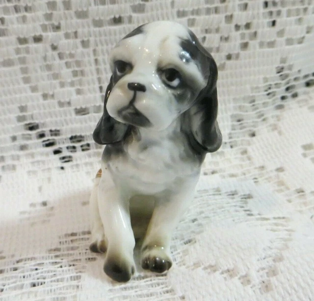 Vintage Porcelain Little Black & White King Charles Spaniel Dog Ornament