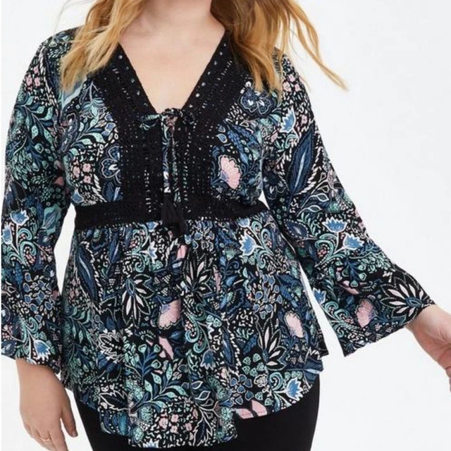 Torrid Babydoll Top-Crinkle Gauze Floral Black Blouse Size 5, 5X