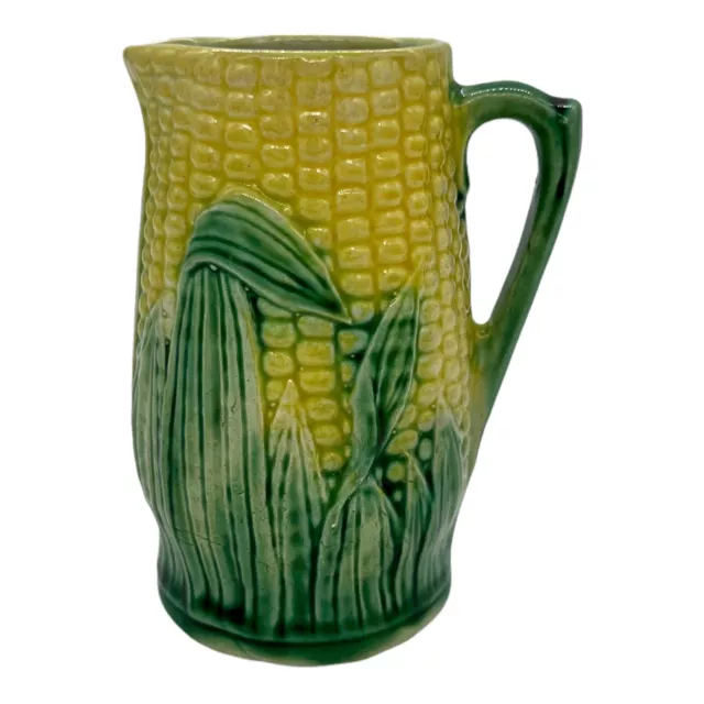 Antique Majolica Figural Corn Pitcher Yellow Green Creamer Jug 4.25” Imperfect