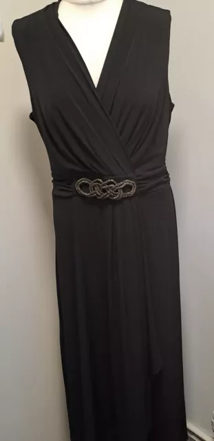 David Emanuel Long Black Dress Uk 18 Bust 44" Faux Wrap Lined Bust Bead Detail