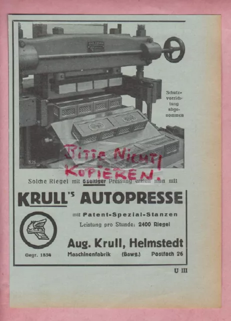 HELMSTEDT, Werbung 1933, Aug. Krull Maschinen-Fabrik Krull's Auto-Presse