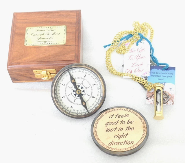 Vintage Marine Handmade Travelling Directional Compass W Box FREE Necklace Gift