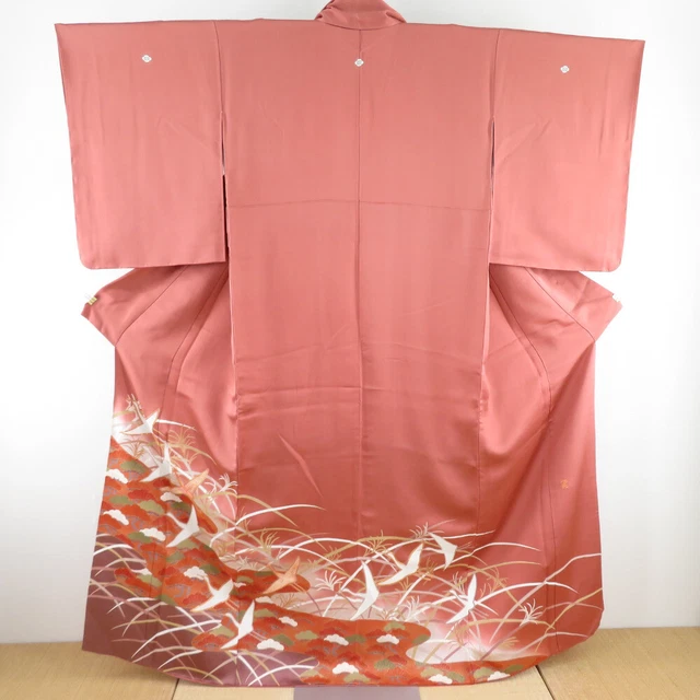 Coloured Tomesode Kimono Silk Embroidery crane pattern Red 62.6inch Women's