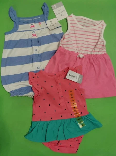 Nwts 3 Pc Lot Carter's Infant Girl Size 6 Mths Romper Outfits