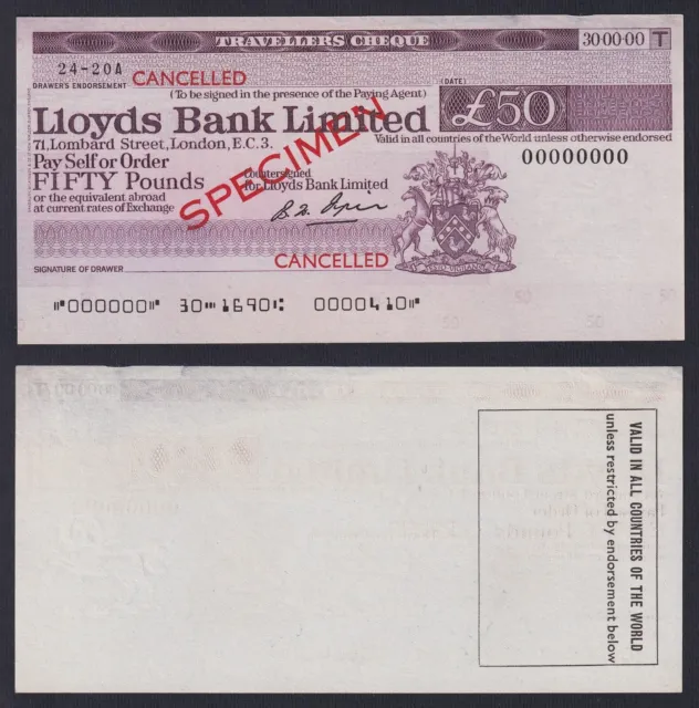 Royaume Uni Lloyds Bank 50 Pounds Travelers Chèque Specimen Fds Unc- B-01