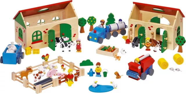 BAUERNHOF mit viel Tieren und Zubehör 71 Teile Holz Kinderbauernhof Farm NEU