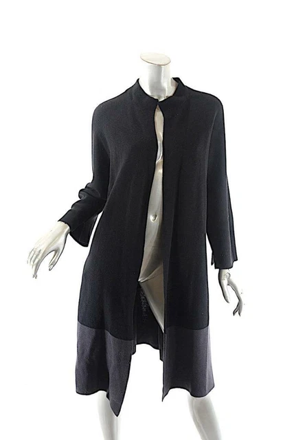 EILEEN FISHER Black Gray Silk Blend Color-block Knit A Line Open Cardigan Sz L