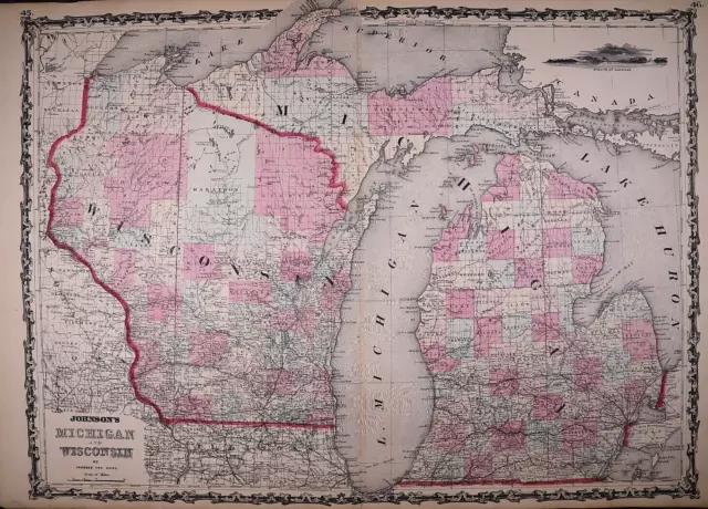 1862 Map of WISCONSIN - MICHIGAN ~ Authentic Johnson Atlas Map ~ (18x26)-#014