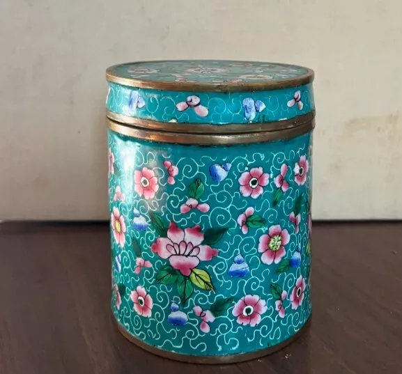 Antique Chinese Hand-Painted Enamel Over Brass Tea Caddy Lidded Canister