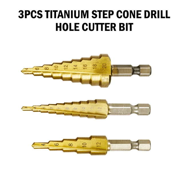 3pcs Titanium Drill Bits Set Step Cone Hole Cutter HSS Large Tools + Pouchvy