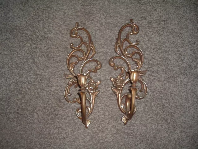Vtg Syroco Wall Sconces Candle Holders Rococo Floral Regency Ornate Gold Baroque